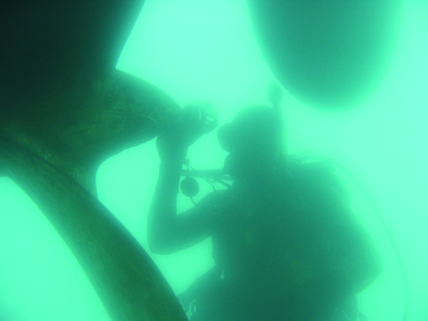 A diver inspects a propeller for biofouling. Photo courtesy of Hawaii DLNR-DAR